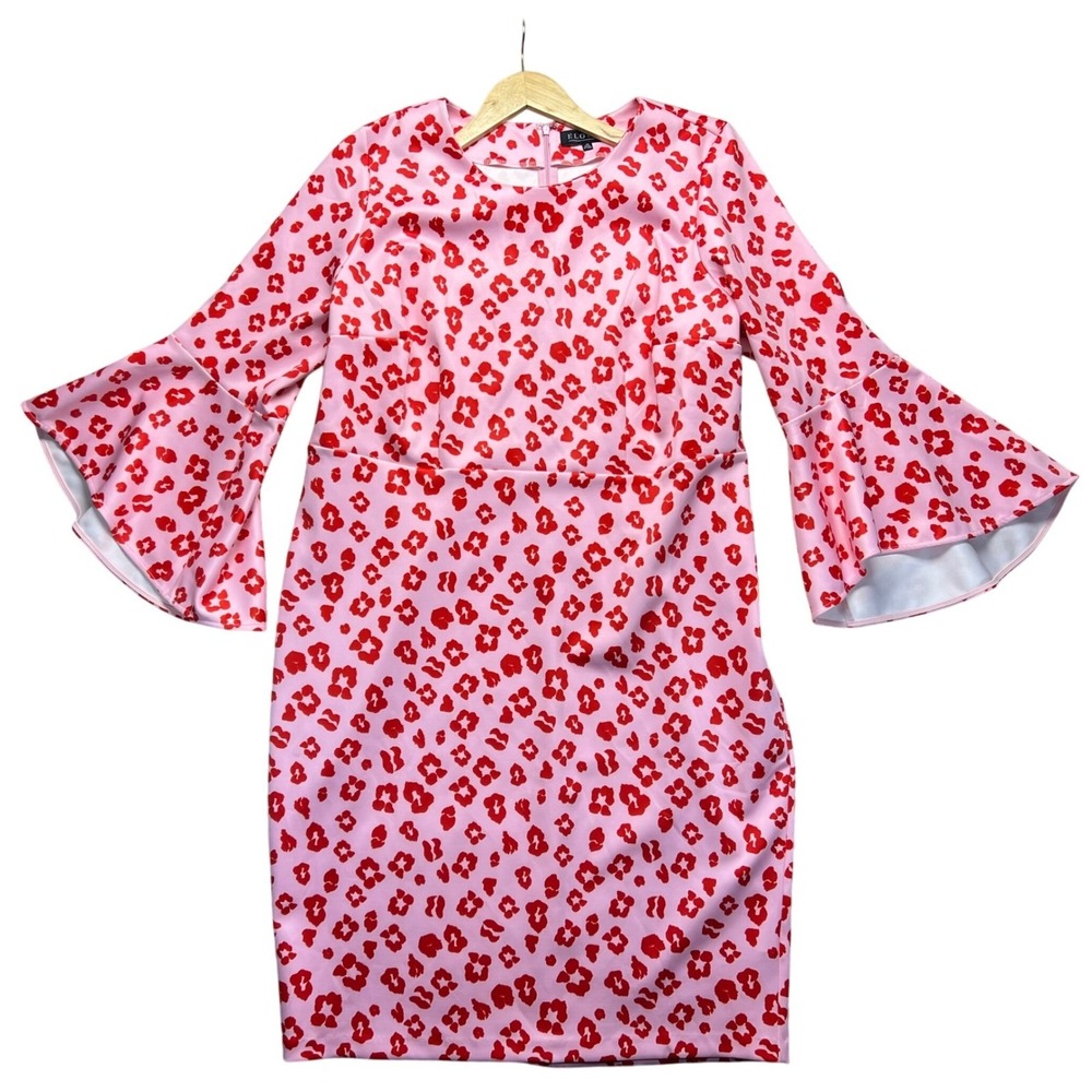 ELOQUII Pink Red Dress 2XL Leopard Print Flounce Sleeve Sheath‎ 20 Party Retro